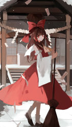 Rule 34 | 1girl, ascot, bow, broom, brown hair, building, closed mouth, commentary, detached sleeves, full body, hair bow, hair tubes, hakurei reimu, highres, holding, holding broom, loafers, long hair, ofuda, qtonagi, red bow, red eyes, red skirt, red vest, ribbon-trimmed sleeves, ribbon trim, rope, shimenawa, shoes, shrine, skirt, socks, solo, touhou, vest, white sleeves, white socks, wide sleeves, yellow ascot