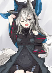 Rule 34 | 1girl, animal ears, arknights, ascot, black ascot, black gloves, black hat, black shirt, black shorts, cosplay, cowboy shot, gloves, grani (arknights), grey background, grey hair, hand on headwear, hat, horse ears, horse girl, horse tail, long hair, looking at viewer, one eye closed, open mouth, purple eyes, shirt, shorts, skadi (arknights), skadi (arknights) (cosplay), skadi (elite ii) (arknights), solo, tail, yu-ves