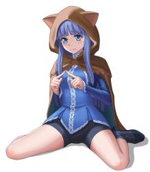 Rule 34 | 1girl, absurdres, animal ears, animal hood, black footwear, black shorts, blue eyes, blue hair, blue shirt, blush, brown cape, cape, closed mouth, fake animal ears, highres, hood, hooded cape, index fingers together, isekai ojisan, kyouji44288608, long hair, looking at viewer, mabel raybert, shiny skin, shirt, shoes, short shorts, shorts, simple background, sitting, solo, spread legs, thighs, wariza, wavy mouth, white background