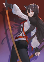 Rule 34 | 1girl, absurdres, animal ear fluff, animal ears, arknights, belt, black capelet, black hair, black pantyhose, black shorts, breasts, capelet, closed mouth, dual wielding, gradient background, highres, holding, jacket, long hair, long sleeves, looking at viewer, medium breasts, naoel (naoel art), no tail, orange eyes, pantyhose, pantyhose under shorts, purple background, red background, short shorts, shorts, smile, solo, texas (arknights), very long hair, white jacket, wolf ears