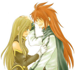 Rule 34 | 00s, 1boy, 1girl, blue eyes, brown hair, gloves, hand on another&#039;s head, long hair, luke fon fabre, official alternate costume, red hair, smile, spoilers, tales of (series), tales of the abyss, tear grants, tears