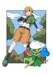 Rule 34 | 1girl, 99akt1031, :d, absurdres, black shirt, blunt bangs, boots, capelet, cloud, commentary request, creatures (company), day, eyelashes, flower, game freak, gardenia (pokemon), gen 4 pokemon, green capelet, green footwear, hand up, highres, long sleeves, multicolored hair, navel, nintendo, open mouth, outdoors, pokemon, pokemon (creature), pokemon dppt, red flower, roserade, shirt, shorts, sky, smile, torn clothes, torn shorts, twitter username, two-tone hair