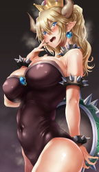 Rule 34 | 1girl, absurdres, arm behind back, armlet, armpits, bare shoulders, black background, blonde hair, blue eyes, blue gemstone, blush, bowsette, bracelet, breasts, cleavage, collar, colored eyelashes, cowboy shot, crown, dress, earrings, embarrassed, eyes visible through hair, fingernails, from side, gem, hair between eyes, hand to own mouth, highres, hikari (komitiookami), horns, jewelry, large breasts, leotard, long fingernails, long hair, looking at viewer, mario (series), navel, nintendo, parted bangs, pointy ears, ponytail, sharp teeth, simple background, skin tight, smile, solo, spiked armlet, spiked bracelet, spiked collar, spikes, standing, super crown, teeth, wavy mouth