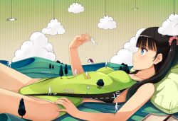 Rule 34 | 1girl, aqua eyes, bird, black hair, blue eyes, blunt bangs, blush, book, breasts, cloud, competition swimsuit, covered navel, fence, flower, giant, giantess, green one-piece swimsuit, hair flower, hair ornament, hand on own hip, highleg, highleg swimsuit, hill, house, long hair, looking at another, lying, on back, one-piece swimsuit, open mouth, original, pillow, props, revision, rubber band, scenery, size difference, skin tight, small breasts, swimsuit, tree, twintails, yokaze japan