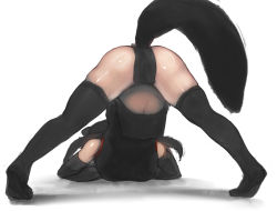 Rule 34 | 1girl, animal ears, arm rest, ass, aye-aye (kemono friends), bare shoulders, black dress, black gloves, black hair, black thighhighs, cameltoe, china dress, chinese clothes, dress, elbow gloves, facing away, flexible, from behind, full body, gloves, hands on ground, highres, jack-o&#039; challenge, kemono friends, lemur ears, lemur tail, long hair, meme, navel, no panties, pelvic curtain, shibori kasu, shiny skin, sketch, sleeveless, sleeveless dress, solo, spread legs, stomach, stretching, tail, thighhighs, tiptoes, top-down bottom-up, twintails, wide spread legs