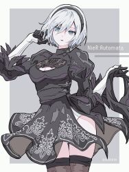 Rule 34 | 1girl, 2b (nier:automata), black dress, black hairband, blue eyes, border, breasts, cleavage, cleavage cutout, clothing cutout, commentary request, copyright name, dress, grey background, hair between eyes, hairband, highres, medium breasts, medium hair, mole, mole under mouth, nier:automata, nier (series), ominemmist, outside border, puffy sleeves, simple background, solo, standing, white border, white hair