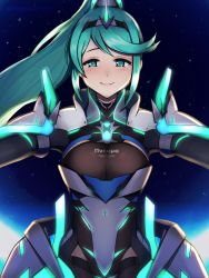 Rule 34 | 1girl, absurdres, armor, blush, breasts, female focus, gem, glowing, green eyes, green hair, hair ornament, headpiece, highres, jewelry, large breasts, long hair, looking at viewer, matching hair/eyes, night, nintendo, outstretched arms, phiphi-au-thon, pneuma (xenoblade), ponytail, shoulder armor, sky, smile, spoilers, spread arms, swept bangs, tiara, twitter username, very long hair, xenoblade chronicles (series), xenoblade chronicles 2