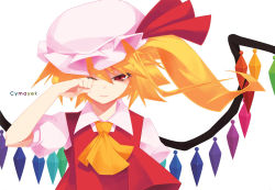 Rule 34 | 1girl, blonde hair, female focus, flandre scarlet, hat, jpeg artifacts, mzh, ponytail, red eyes, short hair, short hair with long locks, side ponytail, simple background, solo, tears, touhou, upper body, wings, wiping tears