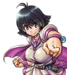 Rule 34 | 1990s (style), 1girl, ahoge, amania orz, amelia wil tesla seyruun, black hair, blue eyes, breasts, cape, choker, female focus, looking at viewer, retro artstyle, shiny clothes, slayers, smile, solo, white background