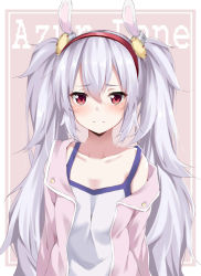 Rule 34 | 1girl, animal ears, azur lane, blush, breasts, brown background, camisole, closed mouth, commentary request, copyright name, hair between eyes, hair ornament, hairband, highres, jacket, kohakope, laffey (azur lane), long hair, off shoulder, open clothes, open jacket, pink jacket, rabbit ears, red eyes, red hairband, silver hair, small breasts, solo, twintails, two-tone background, upper body, very long hair, white background, white camisole