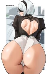 Rule 34 | 1girl, 2b (nier:automata), absurdres, ass, back cutout, black blindfold, black hairband, blindfold, border, cameltoe, cleft of venus, clothing cutout, cromwellb, curvy, from behind, hairband, highleg, highleg leotard, highres, huge ass, leaning forward, leotard, looking back, nier:automata, nier (series), parted lips, shiny skin, short hair, solo, thong leotard, twitter username, white border, white hair, wide hips