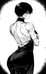 Rule 34 | 1girl, absurdres, alternate costume, ass, back, backless dress, backless outfit, bare shoulders, commentary, dress, english commentary, glasses, greyscale, highres, jujutsu kaisen, looking at viewer, masoq, monochrome, muscular, muscular female, profile, round eyewear, scar, scar on back, short hair, solo, strapless, strapless dress, sweat, zen&#039;in maki