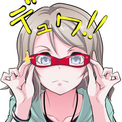 Rule 34 | 10s, 1girl, adjusting eyewear, bespectacled, blue eyes, blush, closed mouth, collarbone, frown, glasses, grey hair, hair between eyes, jewelry, kurihara kenshirou, love live!, love live! sunshine!!, necklace, short hair, simple background, solo, ultraseven (series), watanabe you, white background, wristband