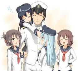 Rule 34 | 10s, 1boy, 4girls, absurdres, admiral (kancolle), akatsuki (kancolle), anchor symbol, black hair, blue eyes, blush, brown eyes, brown hair, carrying, drooling, closed eyes, fang, flat cap, folded ponytail, hair ornament, hairclip, hands on own hips, hat, hibiki (kancolle), highres, ikazuchi (kancolle), inazuma (kancolle), kantai collection, long hair, long sleeves, military, military uniform, multiple girls, naval uniform, neckerchief, nedia (nedia region), nose bubble, open mouth, peaked cap, piggyback, purple hair, red neckerchief, school uniform, serafuku, short hair, silver hair, simple background, sleeping, uniform, zzz