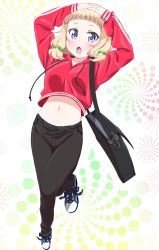 Rule 34 | 1girl, arms up, bag, black pants, blonde hair, blue eyes, blush, collarbone, full body, hair bobbles, hair ornament, hands on own head, highres, leg up, long hair, makicha (sasurainopink), midriff, navel, new game!, open mouth, pants, red sweater, sakura nene, shoes, sneakers, solo, standing, standing on one leg, stomach, sweater, white background