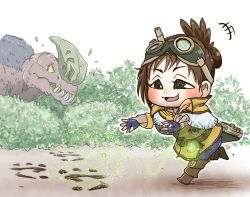 Rule 34 | +++, 1girl, :3, anjanath, book, boots, brown hair, bush, capelet, chamaji, commentary request, fingerless gloves, footprints, gloves, goggles, goggles on head, handler (monster hunter world), highres, long sleeves, monster hunter (series), monster hunter: world, open mouth, outdoors, outstretched arms, short hair, sparkle
