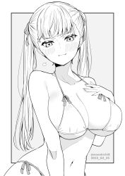Rule 34 | 1girl, bikini, blush, breasts, closed mouth, collarbone, dated, grey background, greyscale, hair ribbon, hand on own chest, highres, kichihachi, large breasts, light brown hair, long hair, monochrome, navel, original, ribbon, side-tie bikini bottom, solo, swimsuit, twintails, twitter username, two-tone background, white background
