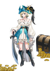 Rule 34 | absurdres, anchor ornament, bare shoulders, belt, blonde hair, blue eyes, boots, breasts, brown dust 2, coin, cross-laced footwear, dress, earrings, frilled dress, frills, gold coin, gun, handgun, hat, hat feather, highres, holding, holding sword, holding weapon, jewelry, justia (brown dust), knee boots, looking at viewer, meo 100114545, multiple necklaces, pirate costume, pirate hat, puffy sleeves, revolver, scimitar, short hair, simple background, small breasts, strapless, strapless dress, sword, treasure chest, weapon