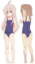 Rule 34 | 2girls, :d, ahoge, bare arms, bare legs, bare shoulders, barefoot, blue one-piece swimsuit, blush stickers, brown eyes, brown hair, closed eyes, commentary, covered navel, fang, flat chest, full body, genderswap, genderswap (mtf), grey hair, hair between eyes, hair intakes, highres, long hair, multicolored hair, multiple girls, oka asahi, old school swimsuit, one-piece swimsuit, onii-chan wa oshimai!, open mouth, orange hair, oyama mahiro, pink hair, s10021, school swimsuit, short hair, simple background, smile, standing, swimsuit, two-tone hair, two side up, very long hair, white background