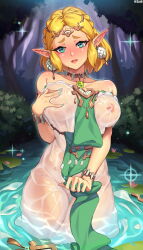 Rule 34 | 1girl, aqua nails, bare shoulders, blonde hair, blue eyes, blush, bracelet, braid, breasts, covered erect nipples, covering privates, covering breasts, dress, earrings, forest, gluteal fold, green eyes, hair ornament, hairclip, highres, jewelry, large breasts, looking at viewer, nature, nintendo, nipples, open mouth, parted bangs, pointy ears, princess zelda, see-through, short hair, sidelocks, solo, strapless, strapless dress, the legend of zelda, the legend of zelda: breath of the wild, wading, water, wet, wet clothes, zzo0