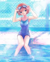 Rule 34 | 1girl, adjusting goggles, armpits, blue eyes, chain-link fence, day, fence, flat chest, goggles, goggles on head, lens flare, mekarauroko, one-piece swimsuit, orange hair, original, outdoors, pool, poolside, red hair, school swimsuit, short hair, sitting, soaking feet, solo, swimsuit, water, wet