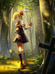 Rule 34 | 1girl, absurdres, apple, ascot, black skirt, black socks, black vest, blonde hair, brown footwear, collared shirt, commentary, cross, fog, food, forest, fruit, full body, grass, hair ribbon, highres, holding, holding food, holding fruit, juliet sleeves, kneehighs, kotete2299, latin cross, loafers, long sleeves, looking at viewer, nature, open mouth, outdoors, puffy sleeves, red ascot, red eyes, red ribbon, ribbon, rock, rumia, shirt, shoes, short hair, skirt, skirt set, socks, solo, tombstone, touhou, tree, triangle mouth, vest, white shirt