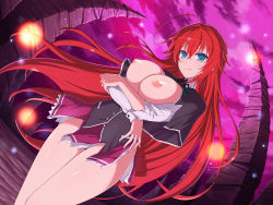 Rule 34 | 1girl, breasts, breasts out, crossed arms, crossover, high school dxd, highres, kuoh academy school uniform, large breasts, long hair, looking at viewer, nipples, nude filter, open clothes, open shirt, red hair, rias gremory, school uniform, solo, standing, third-party edit