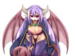 Rule 34 | 1girl, alma elma, black panties, blue cloak, bmp-to-png conversion, breast tattoo, breasts, bridal gauntlets, cleavage, cloak, demon girl, demon horns, demon wings, facial tattoo, frfr, game cg, grey horns, hair between eyes, hand on own elbow, highleg, highleg panties, horns, large breasts, leaning forward, leg tattoo, long hair, looking at viewer, mon-musu quest!, monster girl, non-web source, open mouth, panties, pointy ears, purple bridal gauntlets, purple hair, purple thighhighs, red eyes, simple background, solo, standing, tail, tattoo, thighhighs, tongue, tongue out, transparent background, underwear, very long hair, wings