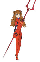 Rule 34 | 1girl, artist request, blue eyes, bodysuit, breasts, brown hair, cowboy shot, from side, full body, hair between eyes, holding, holding hair, holding weapon, interface headset, lance of longinus (evangelion), long hair, looking at viewer, neon genesis evangelion, parted lips, pilot suit, plugsuit, polearm, red bodysuit, shiny clothes, skin tight, solo, souryuu asuka langley, standing, two side up, uneven eyes, very long hair, weapon, white background, wide hips