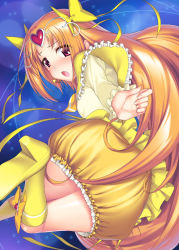 Rule 34 | 10s, 1girl, boots, bow, bubble skirt, cure muse, cure muse (yellow), dress, eyelashes, frills, hair ribbon, highres, knee boots, long hair, precure, red eyes, ribbon, shirabe ako, skirt, solo, suite precure, suzume inui, very long hair, yellow bow