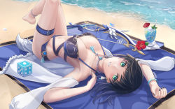 Rule 34 | 1girl, anklet, aqua simulacra (genshin impact), armpits, bare shoulders, barefoot, beach, beach towel, bikini, blue bikini, blush, bob cut, bow, bracelet, breasts, cleavage, cocktail umbrella, cup, diagonal bangs, dice, earrings, genshin impact, green eyes, highres, jewelry, large breasts, legs up, looking at viewer, lying, mole, mole on breast, nail polish, neck tassel, necklace, on back, outdoors, shawl, short hair, smile, solo, sweat, swimsuit, tank ryousaku, thigh strap, thighs, towel, upside-down, vision (genshin impact), water, white shawl, yelan (genshin impact)