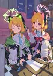 Rule 34 | 2girls, absurdres, animal ear headphones, animal ears, aqua bow, aqua necktie, black skirt, black thighhighs, blonde hair, blue archive, blush, bow, cat tail, collared shirt, cro (user znms5733), fake animal ears, green halo, hair bow, halo, handheld game console, headphones, highres, holding, holding pen, jacket, long sleeves, midori (blue archive), momoi (blue archive), multiple girls, necktie, nintendo switch, parted lips, pen, pink halo, pleated skirt, red bow, red eyes, revision, shirt, short hair, siblings, sisters, skirt, tail, thighhighs, twins, white jacket, white shirt, wide sleeves