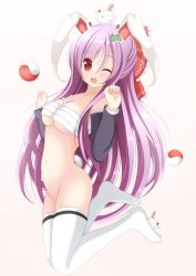 Rule 34 | 1girl, animal ears, between breasts, bottomless, bow, breasts, chimunge, detached sleeves, female focus, frog hair ornament, groin, hair bow, hair ornament, highres, light purple hair, long hair, navel, no panties, one eye closed, rabbit, rabbit ears, rabbit girl, rabbit tail, reisen udongein inaba, sarashi, solo, tail, thighhighs, touhou, underwear, underwear only, very long hair, white background, white thighhighs, wink, yin yang