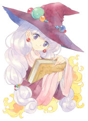 Rule 34 | 1girl, agahari, book, earrings, hat, holding, holding book, jewelry, long hair, monster maker, purple hair, rufia (monster maker), smile, solo, traditional media, witch hat