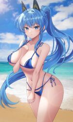 Rule 34 | 1girl, aliasing, arm between breasts, beach, between breasts, bikini, blue bikini, blue eyes, blue hair, blue sky, blurry, blush, bokeh, braid, breasts, clenched hands, closed mouth, cloud, cloudy sky, commentary, day, depth of field, goddess of victory: nikke, hair intakes, hand on own chest, hand up, helm (aqua marine) (nikke), helm (nikke), high ponytail, highleg, highleg bikini, large breasts, lens flare, long hair, looking at viewer, micro bikini, navel, ocean, outdoors, ppudang, side-tie bikini bottom, sidelocks, sky, solo, string bikini, swimsuit, very long hair
