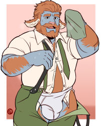 Rule 34 | 1boy, absurdres, alternate costume, animal ears, arm hair, bara, beard, belly, blue skin, blush, body fur, breath, briefs, bulge, chest hair, chest hair peek, colored skin, deer boy, deer ears, facial hair, fat, fat man, fdolagaray, feet out of frame, green pants, gus (orcbardneeul), hairy, highres, hot, large pectorals, leg hair, looking at viewer, male focus, male underwear, mature male, midriff peek, monster boy, muscular, muscular male, navel hair, necktie, nipples, open pants, orange fur, original, pants, partially undressed, pectorals, salaryman, second-party source, short hair, sleeves rolled up, solo, standing, suspenders, sweat, thick eyebrows, thick mustache, underwear, undone necktie, undressing, white male underwear