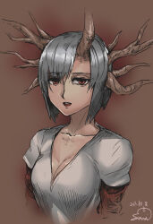 Rule 34 | 1girl, baroque (series), breasts, brown background, cleavage, collarbone, cropped torso, dated, grey hair, grey shirt, highres, horned girl (baroque), horns, layered sleeves, long sleeves, looking at viewer, multiple horns, red eyes, samidare satsuki, shirt, short hair, short over long sleeves, short sleeves, signature, simple background, solo, teeth, upper body, upper teeth only, v-neck