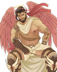 Rule 34 | 1boy, absurdres, arrow (projectile), asian, bara, beard, brown hair, cupid hanzo, dilfborne (ventiskull), facial hair, feathered wings, feet out of frame, hanzo (overwatch), heart pasties, highres, large pectorals, loincloth, male focus, muscular, muscular male, official alternate costume, overwatch, pasties, pectorals, pink wings, short hair, sitting, smile, solo, thick eyebrows, tiara, valentine, wings