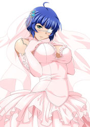 Rule 34 | 1girl, artist request, bare shoulders, blue eyes, blue hair, breasts, closed mouth, dress, frills, ikkitousen, large breasts, looking at viewer, medium hair, mole, mole under mouth, ryomou shimei, simple background, solo, source request, standing, white background