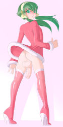 Rule 34 | 1boy, androgynous, anus, ass, boots, christmas, crossdressing, cum, dress, erection, green eyes, green hair, hair tubes, high heel boots, high heels, ion (tales), large penis, looking back, necrosmos, no panties, penis, santa dress, sidelocks, tales of (series), tales of the abyss, testicles, thigh boots, thighhighs, trap, uncensored