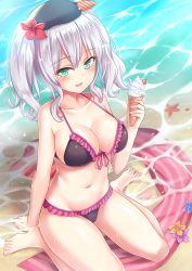 Rule 34 | 10s, 1girl, alternate costume, alternate eye color, aqua eyes, bare legs, barefoot, beach, beach towel, beret, bikini, black bikini, blush, bow, breasts, cleavage, food, frills, from above, front-tie top, groin, hair bow, halterneck, hat, ice cream, kantai collection, kashima (kancolle), large breasts, long hair, looking at viewer, milkshakework, navel, open mouth, outdoors, sand, silver hair, sitting, smile, solo, stomach, swimsuit, thighs, towel, twintails, wariza, water, wavy hair, wet
