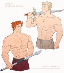 Rule 34 | 2boys, abs, absurdres, alternate body hair, alternate muscle size, bara, blonde hair, cropped legs, dungeon meshi, fire emblem, fire emblem: three houses, highres, laios touden, large pectorals, male focus, multiple boys, muscular, muscular male, navel, nintendo, nipples, over shoulder, pectorals, satodee, short hair, sparse chest hair, standing, stomach, sword, sword over shoulder, sylvain jose gautier, thick eyebrows, topless male, weapon, weapon over shoulder