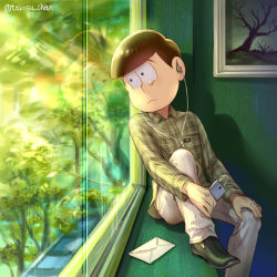 Rule 34 | 10s, 1boy, artist name, bowl cut, buttons, cable, closed mouth, collared shirt, digital media player, dress shirt, earbuds, earphones, envelope, framed, frown, glass, green footwear, hand on own knee, holding, indoors, leaning to the side, long sleeves, looking away, looking to the side, male focus, matsuno choromatsu, osomatsu-kun, osomatsu-san, osomatsu (series), painting (object), pants, plaid, plaid shirt, reflection, shadow, shirt, shoes, sitting, solo, takosu-chan, tears, tree, twitter username, white pants, window