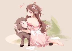 Rule 34 | 1girl, absurdres, ahoge, animal ears, anklet, arknights, bare shoulders, barefoot, beige background, brown hair, chinese commentary, closed mouth, commentary request, dress, eyjafjalla (arknights), eyjafjalla (summer flower) (arknights), from behind, full body, goat ears, goat horns, highres, horns, jewelry, kneeling, long hair, looking at viewer, looking back, off-shoulder dress, off shoulder, official alternate costume, pink dress, pink eyes, sheep, simple background, solo, translation request, wuws