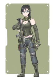 Rule 34 | 1girl, absurdres, angry, assault rifle, bandana, black hair, blue eyes, border, breasts, camouflage, cleavage, commission, detached sleeves, fingerless gloves, glasses, gloves, green background, green bandana, green gloves, green sleeves, green tank top, grey pants, gun, h&amp;k hk416, highres, looking at viewer, medium breasts, optical sight, original, pants, rifle, shotgun shell, solo, srtdrawart, stomach, tank top, vertical foregrip, weapon, white border, woodland camouflage
