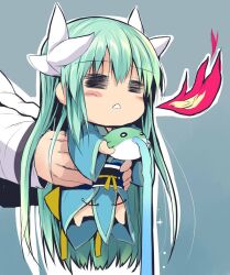 Rule 34 | = =, blush, breath weapon, breathing fire, chibi, fate/grand order, fate (series), fire, fish, green hair, held up, horns, japanese clothes, kimono, kiyohime (fate), long hair, multiple horns, parted lips, sash, sen (astronomy), simple background, triangle mouth, very long hair