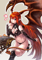 Rule 34 | 1girl, asymmetrical clothes, bare shoulders, black panties, breasts, cleavage, demon girl, demon tail, demon wings, detached sleeves, finger to mouth, heart, horns, kenji (artist), large breasts, long hair, lord of vermilion, makimura shunsuke, midriff, nail polish, navel, one eye closed, orange hair, panties, pointy ears, red eyes, red hair, single wing, skull, smile, solo, standing, standing on one leg, demon girl, succubus (lord of vermilion), tail, underwear, very long hair, wings, wink