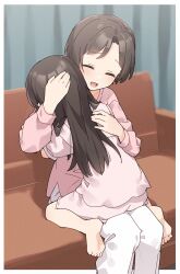 Rule 34 | 2girls, :d, ^ ^, barefoot, black hair, brown hair, closed eyes, couch, curtains, highres, hug, idolmaster, idolmaster cinderella girls, idolmaster cinderella girls u149, indoors, long hair, long sleeves, mother and daughter, multiple girls, on couch, open mouth, pajamas, pants, parted bangs, pink pajamas, pink shirt, pink shorts, puffy long sleeves, puffy sleeves, shirt, short sleeves, shorts, sitting, smile, soles, tachibana arisu, tachibana arisu&#039;s mother, white pants, yukie (kusaka shi)