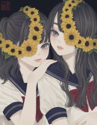 Rule 34 | 2girls, black background, black hair, blue sailor collar, closed mouth, commentary request, flower, grey eyes, hair flower, hair ornament, hand on another&#039;s shoulder, hand up, head wreath, highres, long hair, looking at viewer, multiple girls, neckerchief, one eye covered, original, parted lips, red neckerchief, sailor collar, school uniform, seal impression, serafuku, shirt, short sleeves, simple background, twintails, upper body, ushiyama ame, wavy hair, white shirt, yellow flower