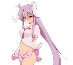 Rule 34 | 1girl, animal ears, arms behind back, blush, come hither, dress shirt, hachi (chihagura), long hair, navel, necktie, no panties, purple hair, rabbit ears, red eyes, red necktie, reisen udongein inaba, see-through, see-through silhouette, shirt, short sleeves, simple background, skirt, smile, solo, touhou, very long hair, white background